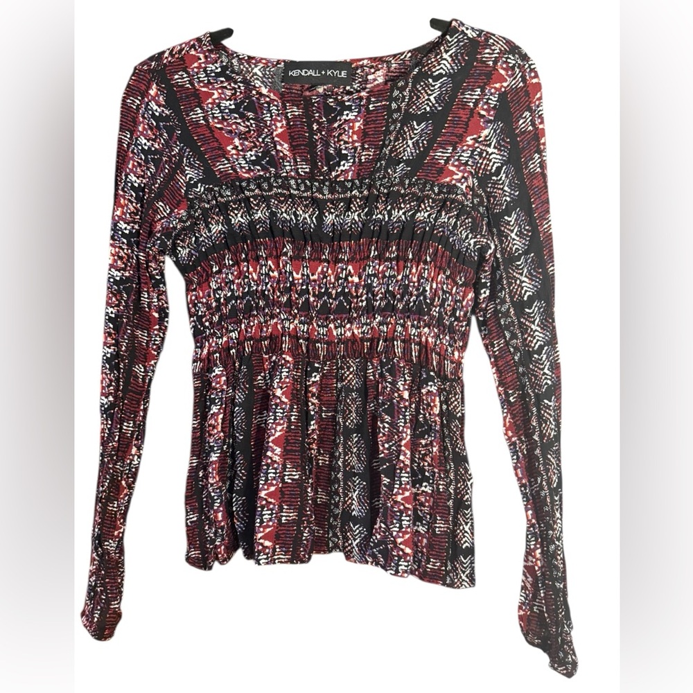 🖤 Kendall + Kylie Smocked Long Sleeve Blouse – Boho Print – Size [S/M]